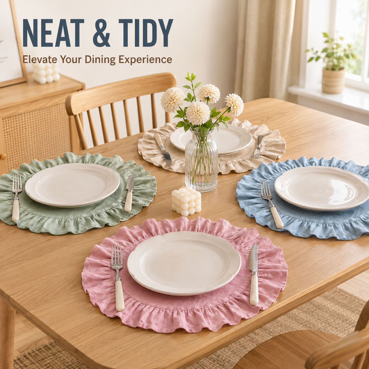 Kitchen Appliances Table - Round Cotton Placemats with Ruffle Edge