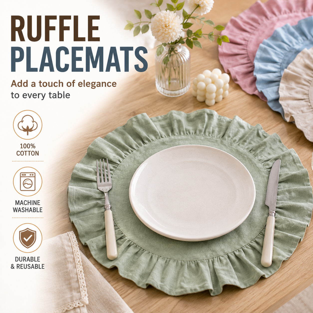 Round Cotton Placemats with Ru - Kitchen Appliances Table reseña y precio